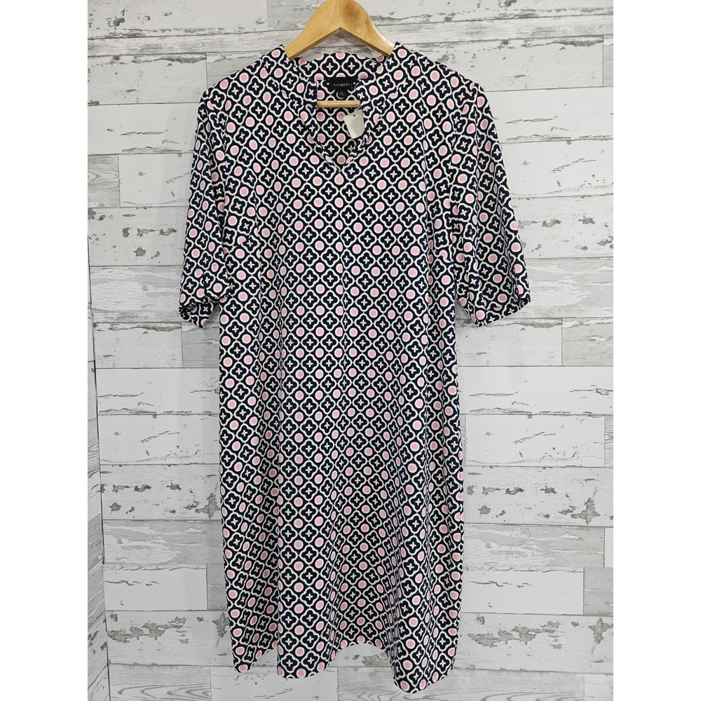 Talbots Womens Xlarge Mid Sleeve Split Neck Tactel Beach Dress Pink Navy